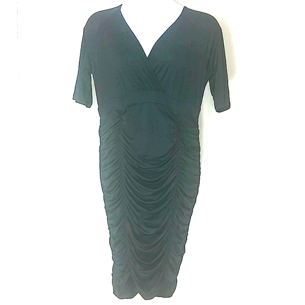 🖤 Classic Black Ruched Midi Dress Elbow Sleeve Size 1X Stretch Cocktail Formal - Picture 2 of 7